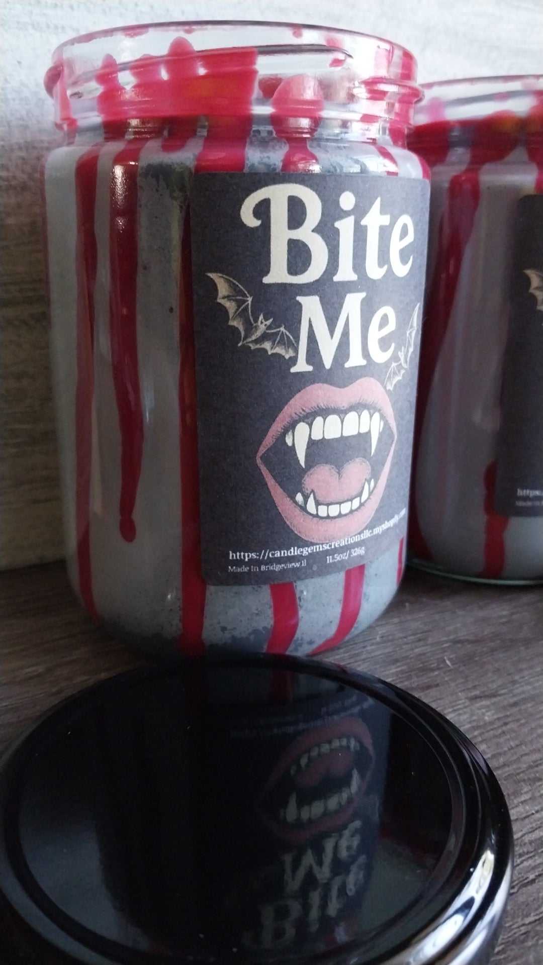Bite Me Hand Poured Candle and coffin gem set limited Fall edition